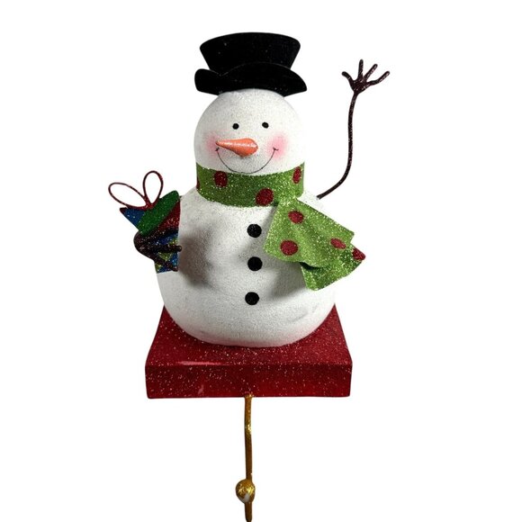 Pier 1 Glitter Snowman With Present Top Hat And Scarf Stocking Holder 8" RARE - Picture 1 of 9